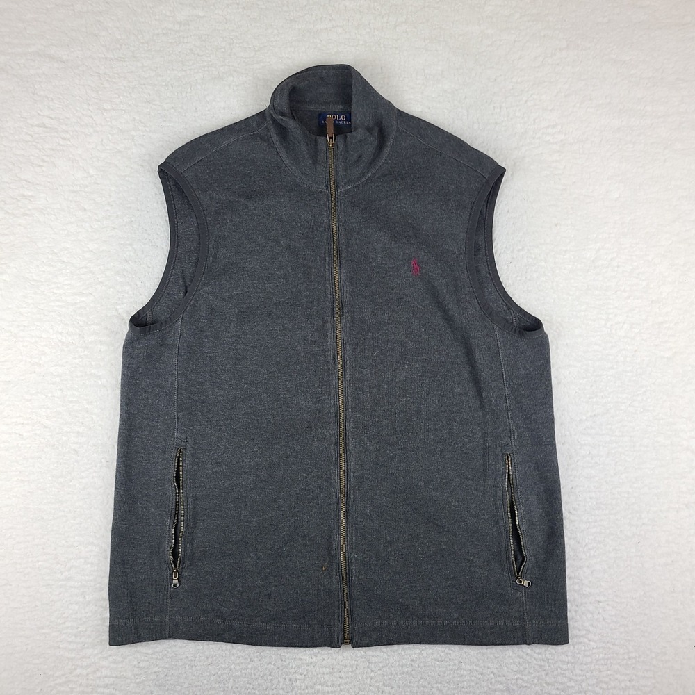 Polo Ralph Lauren Sweater Vest Mens XL Dark Gray Solid Full Zip Zipper Pocket‎ *